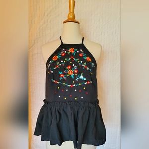 Shein Plus Black Ruffle Tie Neck Tank with Flowers